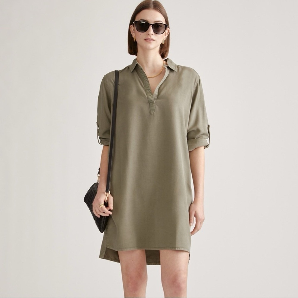 QUINCE women’s olive green collared v-neck lyocell tunic dress size small 4 6